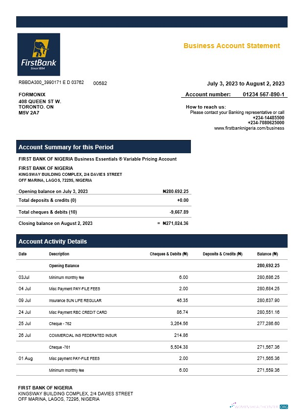 Download First Bank of Nigeria firm account statement Word and PDF template Photoshop template